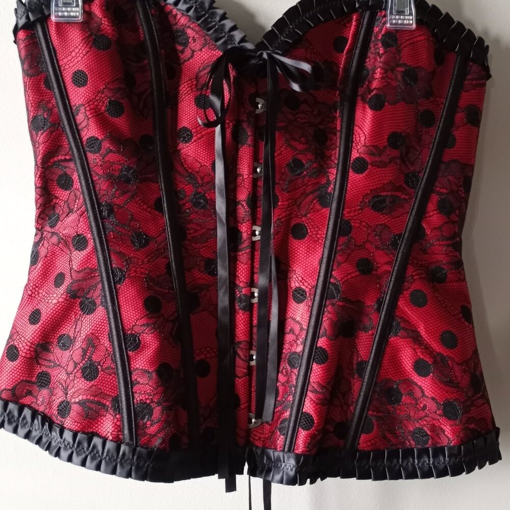 Red Lace-Up Corset Bustier with Black Trim